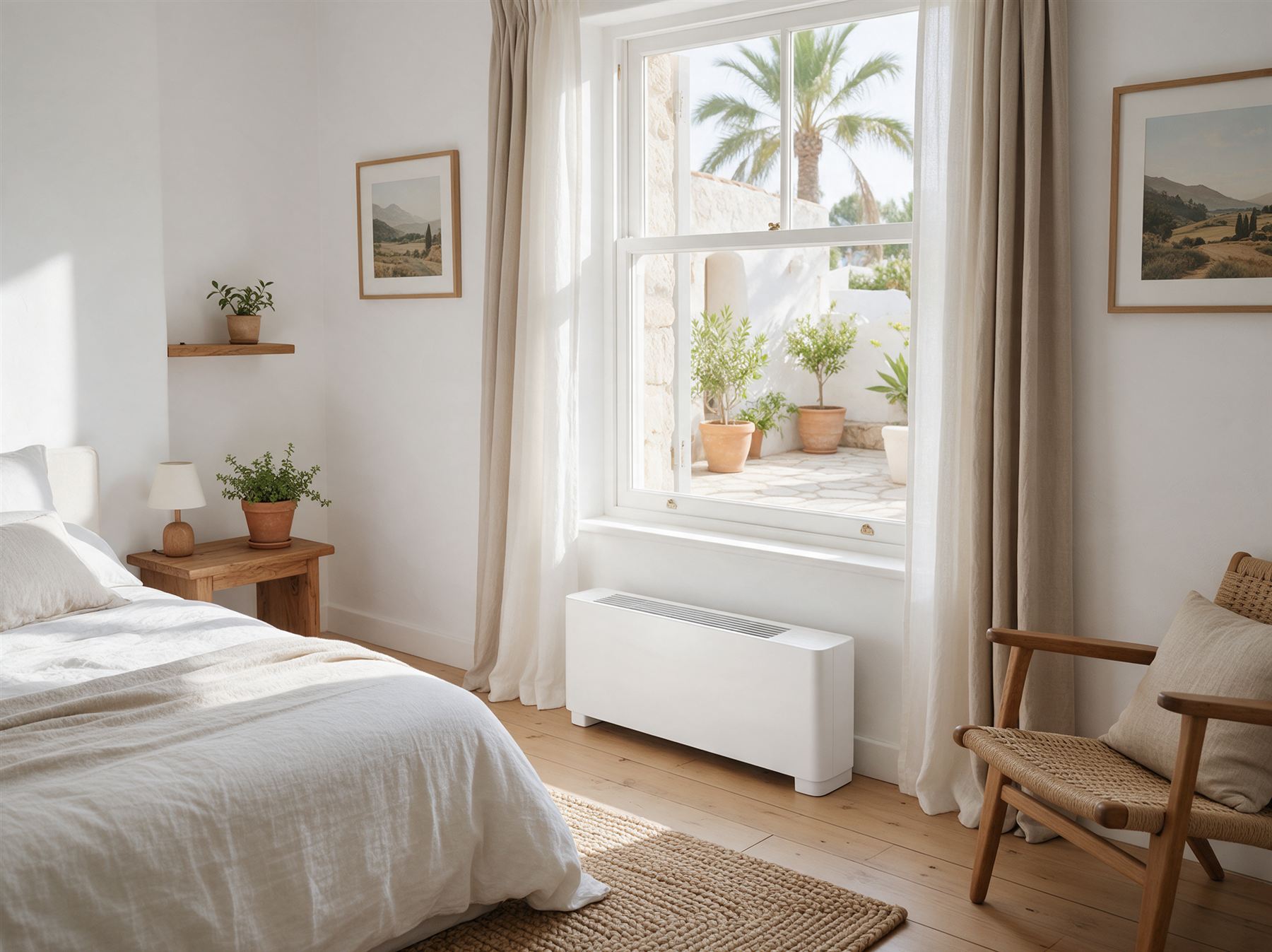 Illustration: air conditioning console at floor level, under a bedroom window